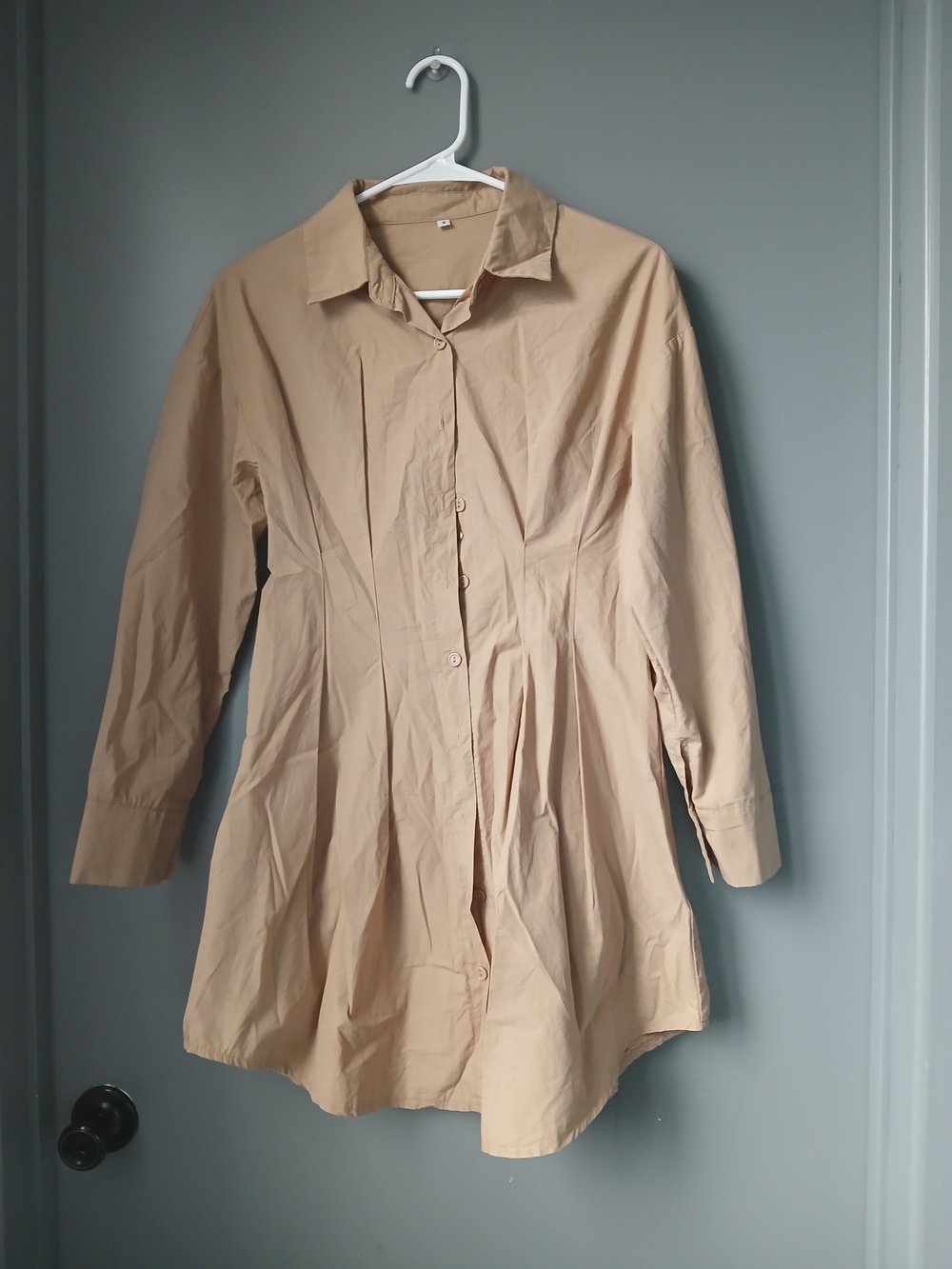 Beige Long Sleeve Button-Up Tunic Shirt